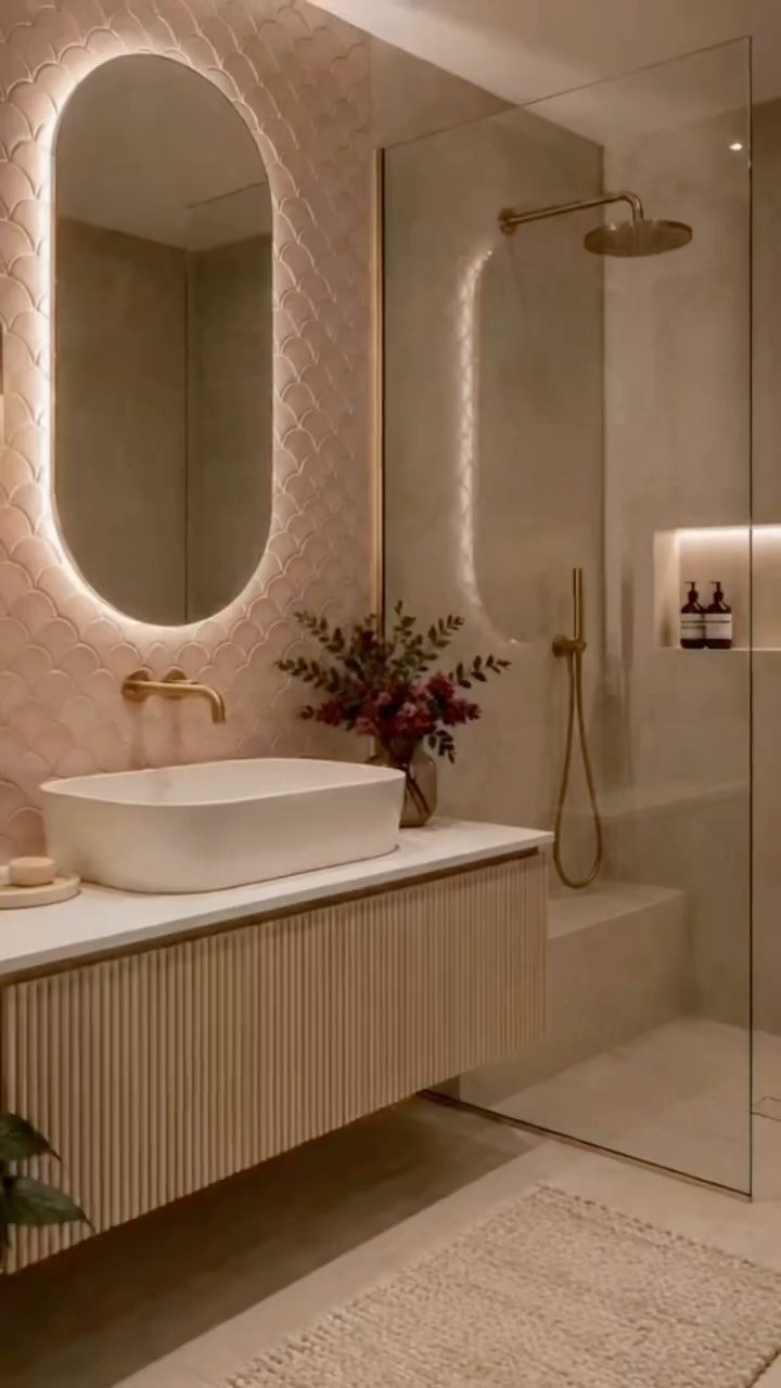 Pink scalloped tiles cover the wall behind a white sink and a backlit oval mirror.