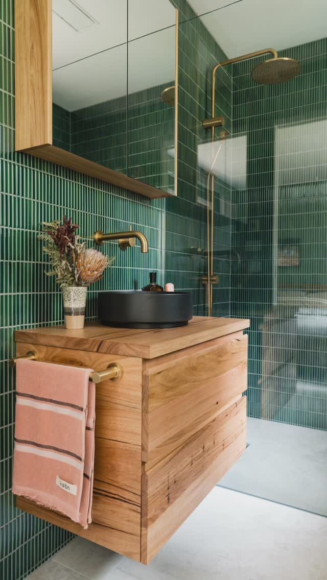 Green vertical subway tiles covering a bathroom wall behind a wooden vanity and black sink.