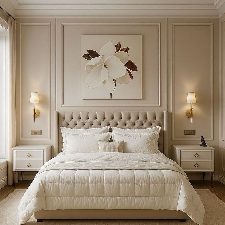A beige bedroom with decorative wall molding, a tufted headboard, and white bedding.
