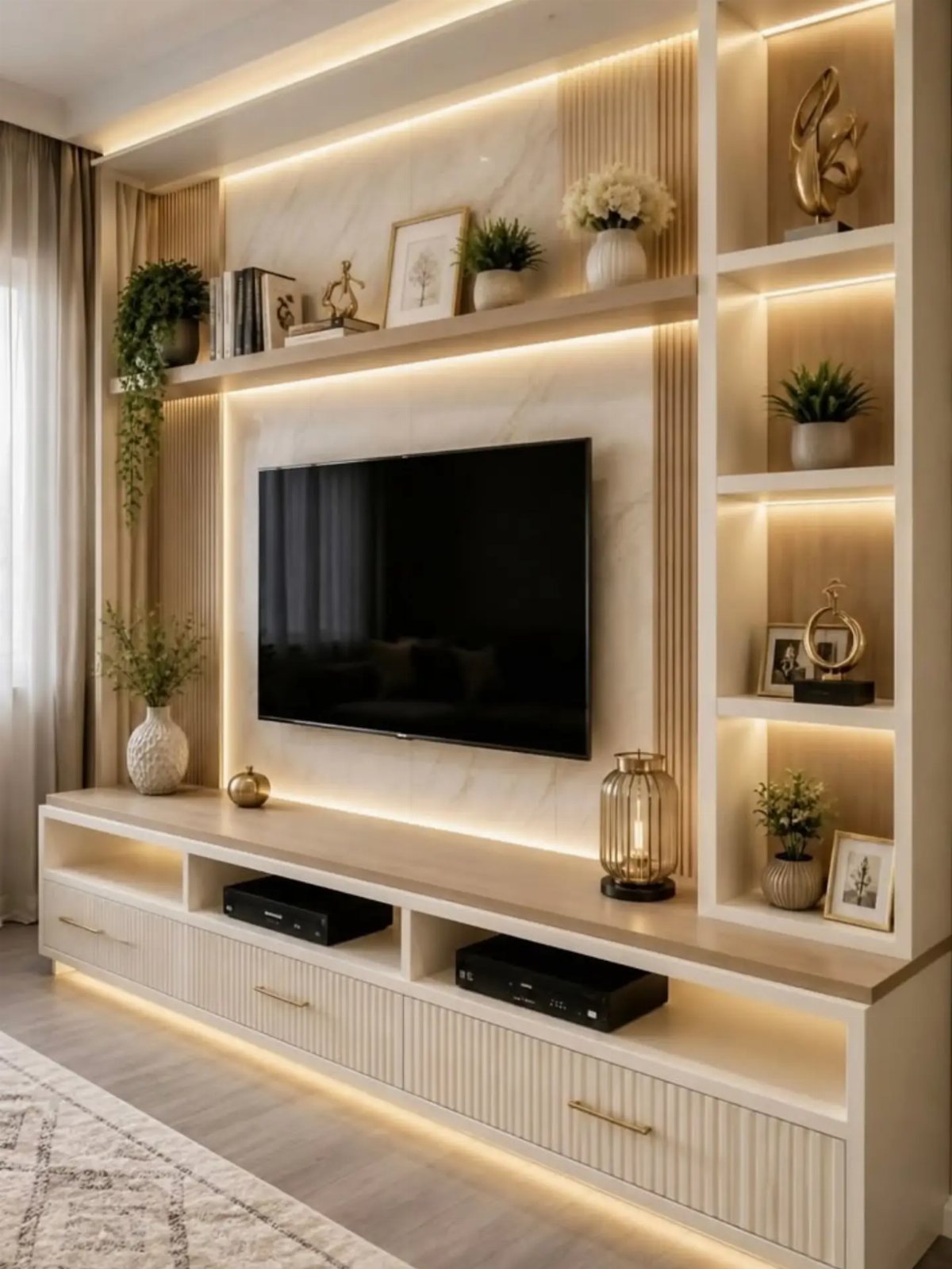 Modern wall mounted TV panel with integrated LED lighting, wooden shelves, and a long media console.