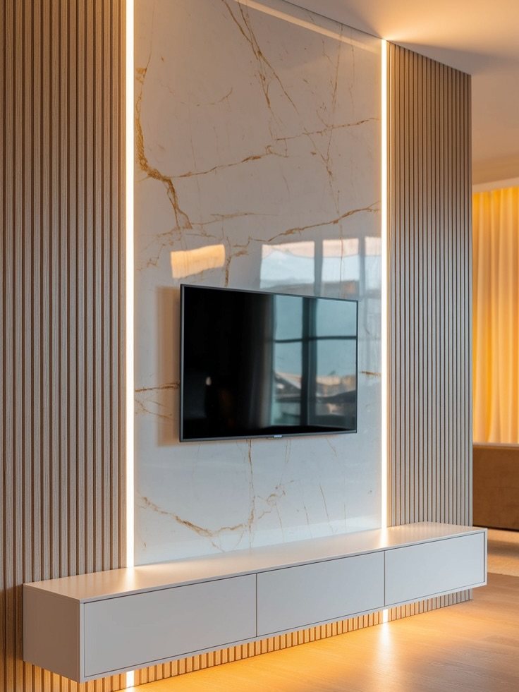 Modern wall unit with marble panel, television, vertical wood slats, and integrated LED lighting.