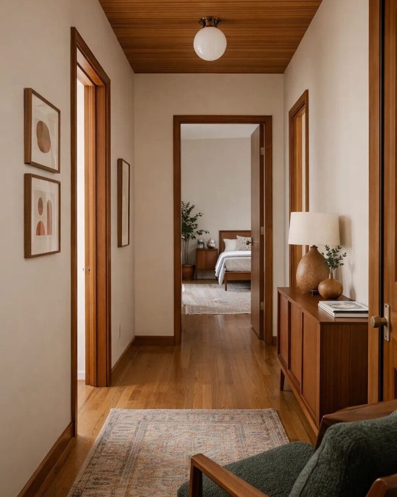 Warm wood flooring extends through a hallway with wooden trim and a matching wood ceiling.