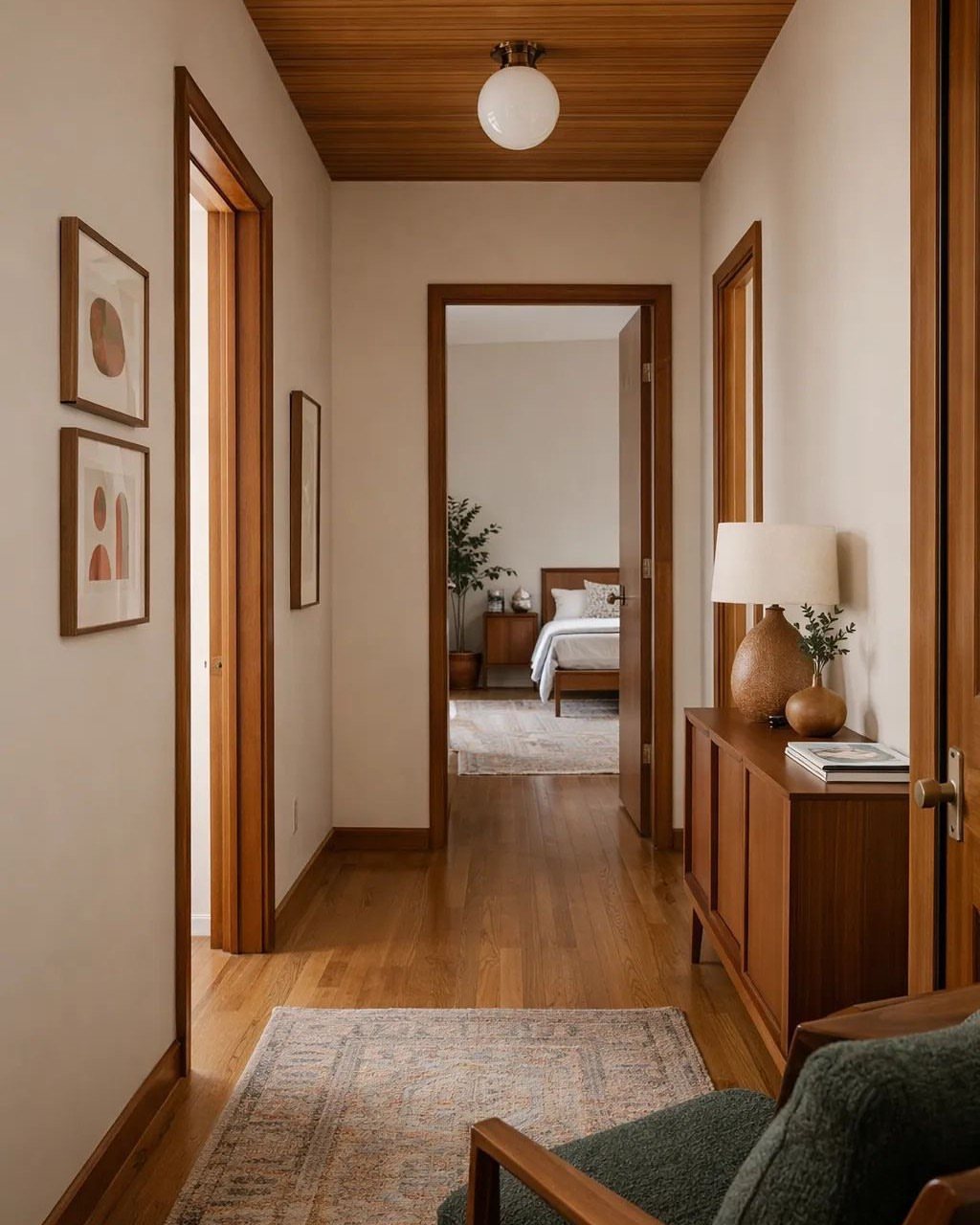 Warm wood flooring extends through a hallway with wooden trim and a matching wood ceiling.