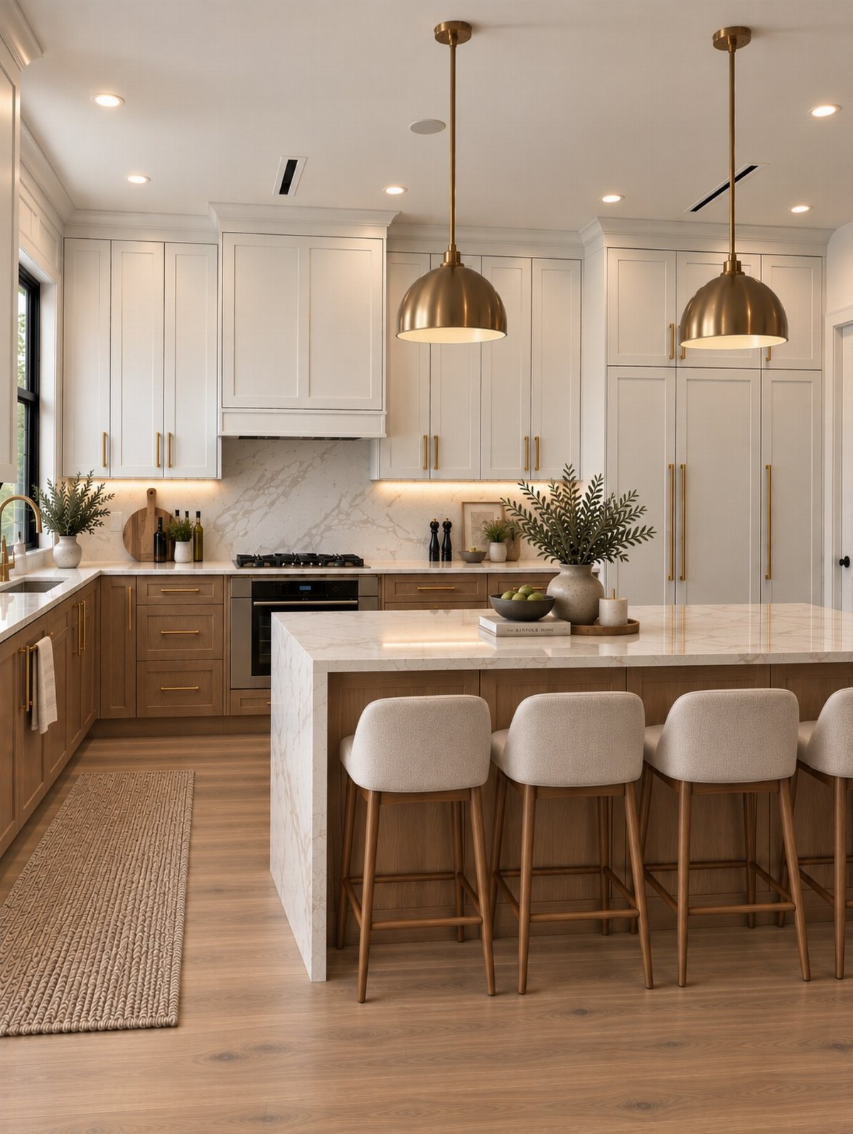 Modern kitchen with white cabinets, marble island, gold pendant lights, and light wood flooring.