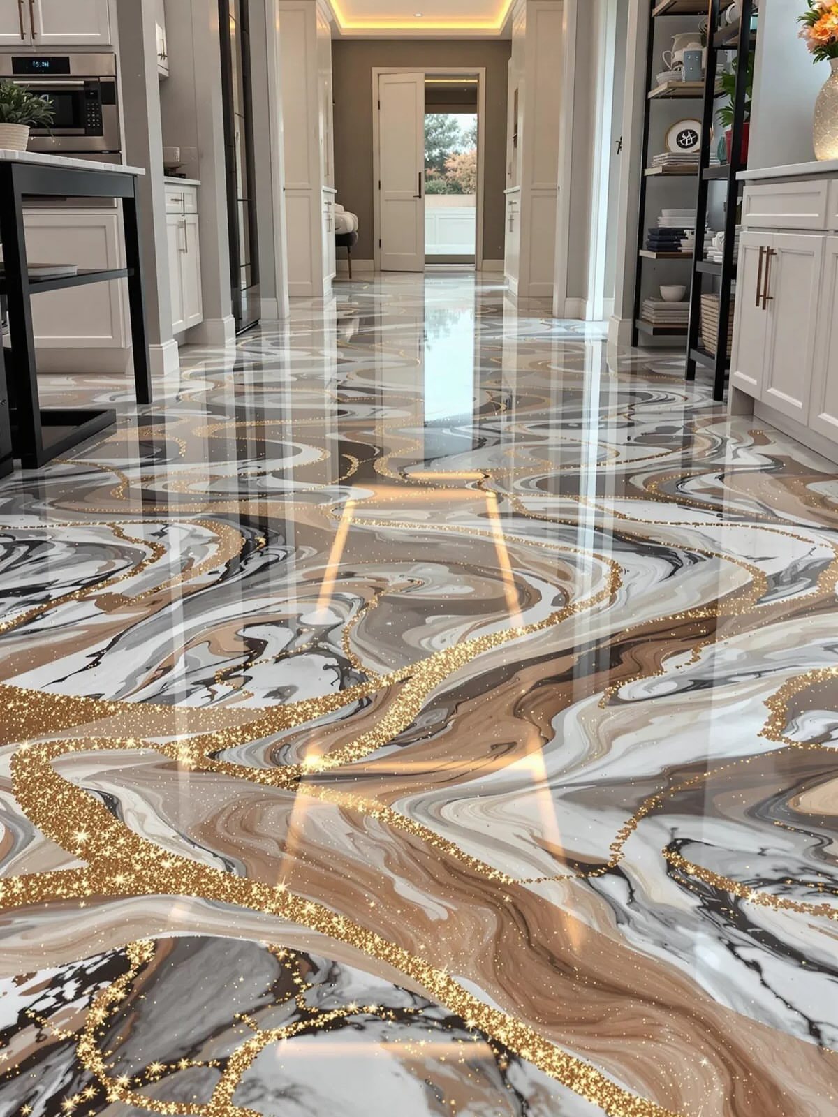11 Whole House Flooring Ideas That Work from Entry to Bedroom 11 Swirling marble pattern 3D epoxy flooring with gold glitter accents in a bright modern home.