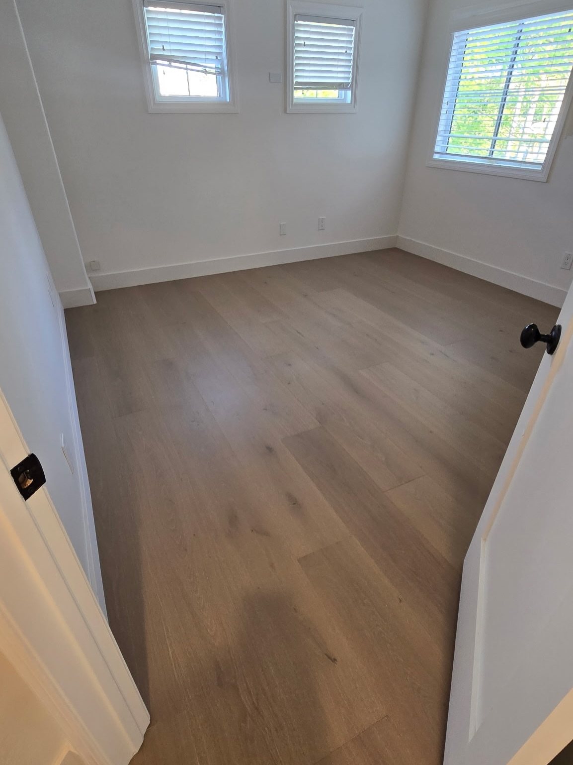 11 Whole House Flooring Ideas That Work from Entry to Bedroom 4 Light-colored hardwood flooring in an empty room with white walls and windows.