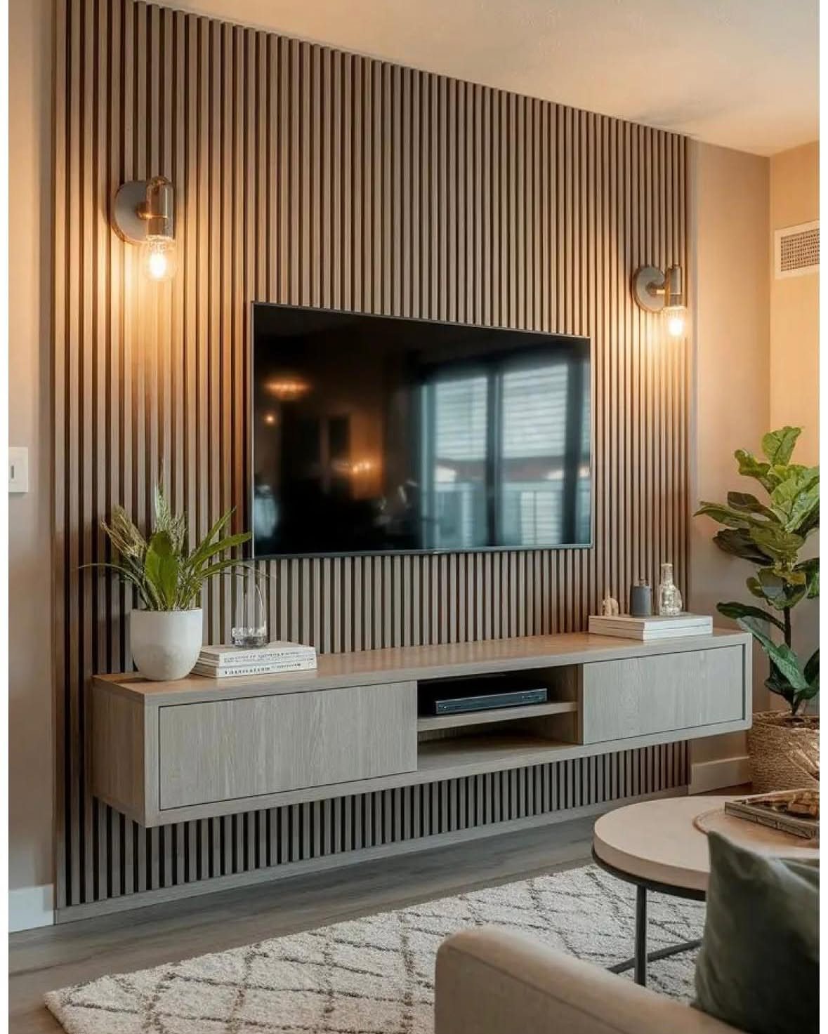 A flat screen television mounted on a vertical wood slat accent wall above a floating console.