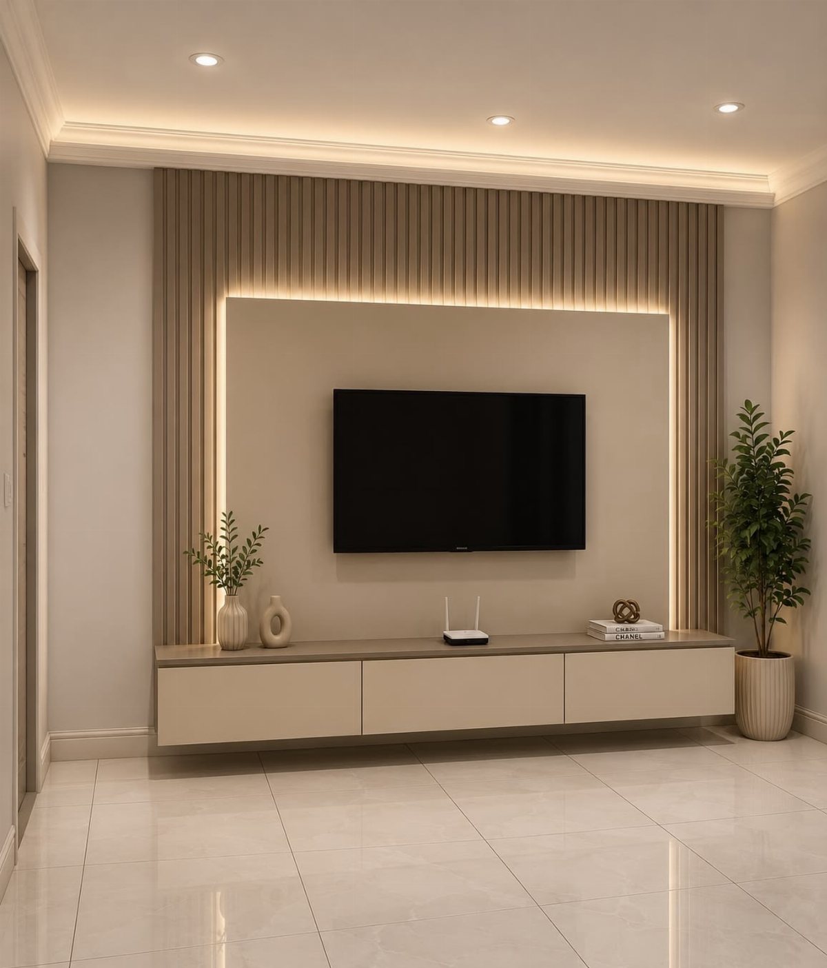 A television mounted on a light beige wall with vertical wood slat paneling and LED lighting.